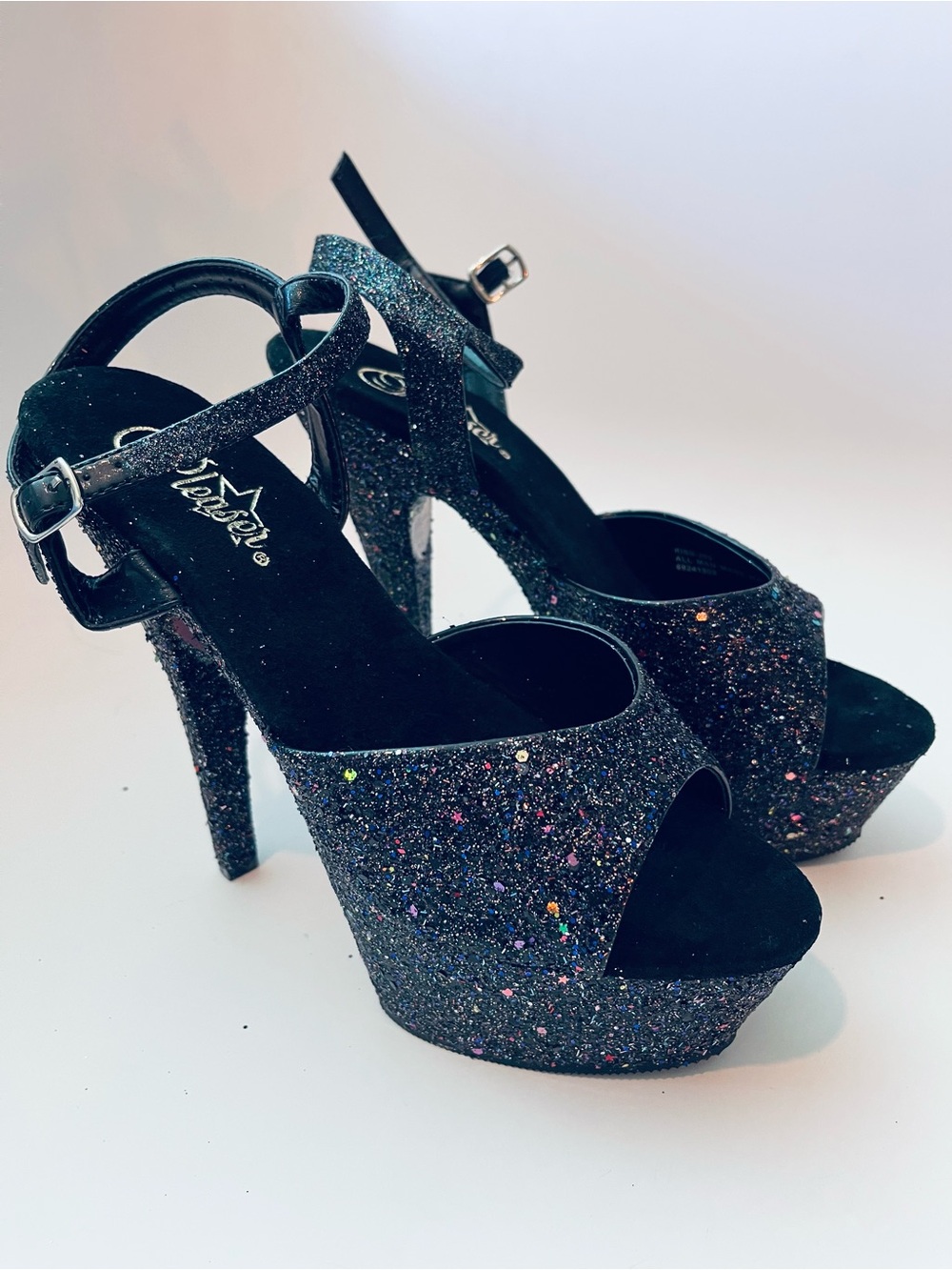 NWOT Pleaser Custom Hand Glittered Black Platform Heels with Ankle Strap